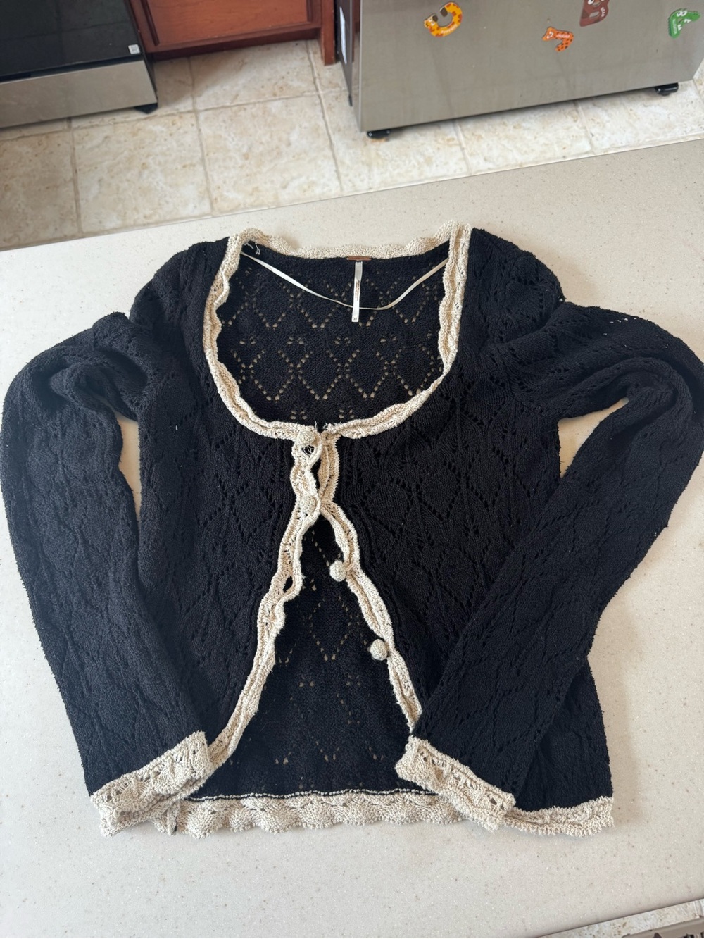 Free People Black Openwork Cardigan with Cream Trim and Ties